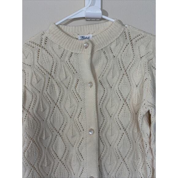 Vintage VTG Wintuk Ivory/Pale Butter Yellow Knit Button Front Cardigan Sweater - Picture 4 of 7